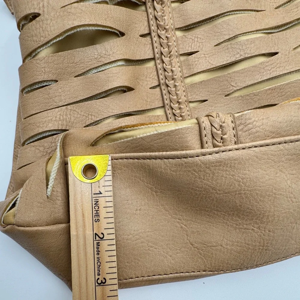 Womens Tan Satchel Bag Purse Cutout Detail Chain‎ Charm Optional Strap Boho Chic